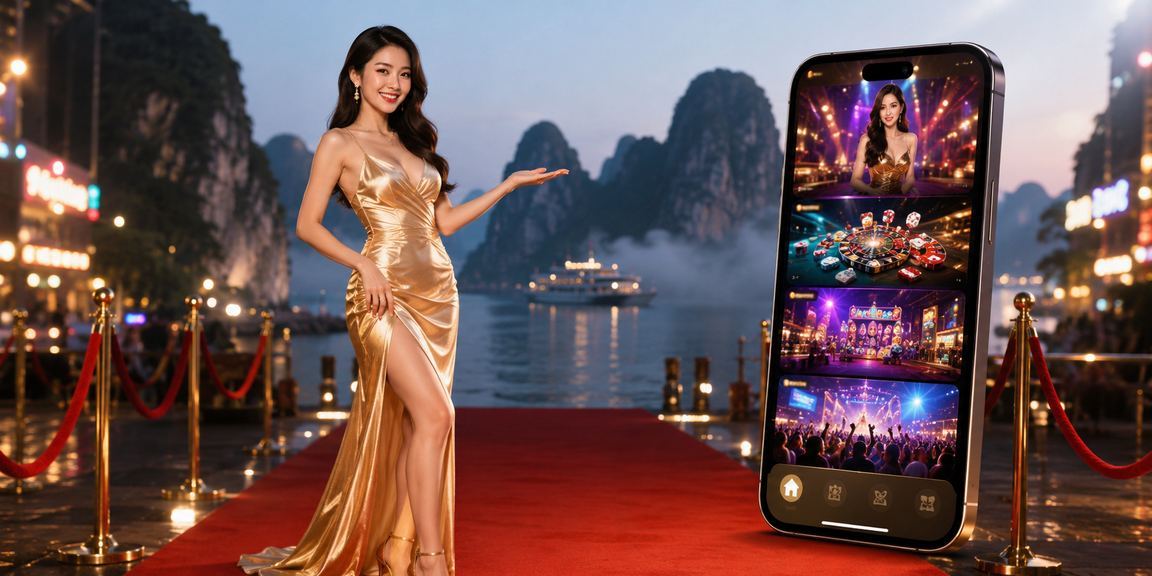 Người dùng trải nghiệm casino trực tuyến trên điện thoại với phong cảnh vịnh Hạ Long