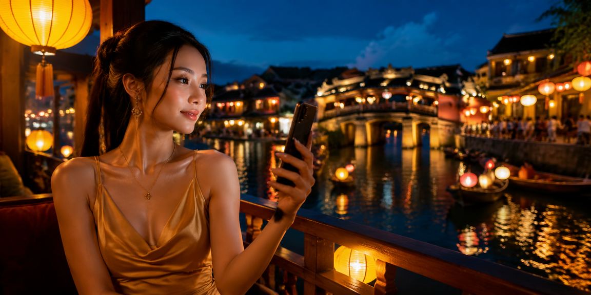 Người dùng chơi casino trên điện thoại tại chợ đêm Hội An lung linh ánh đèn lồng