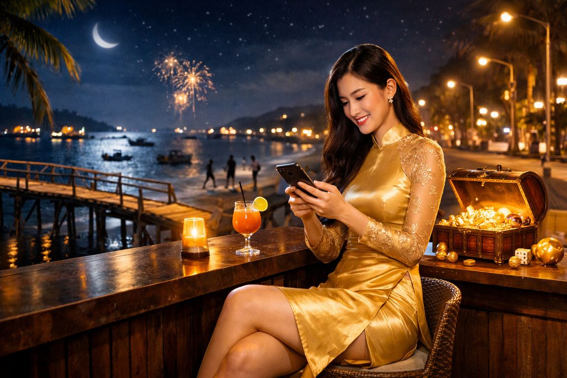 Người dùng sử dụng điện thoại chơi casino di động tại Mũi Né với trang phục áo dài